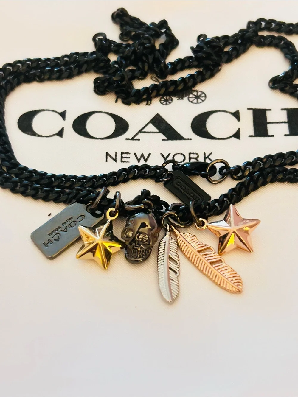 EXTREMELY RARE Coach Black Chain Necklace with Skull, Feather, Star Charms